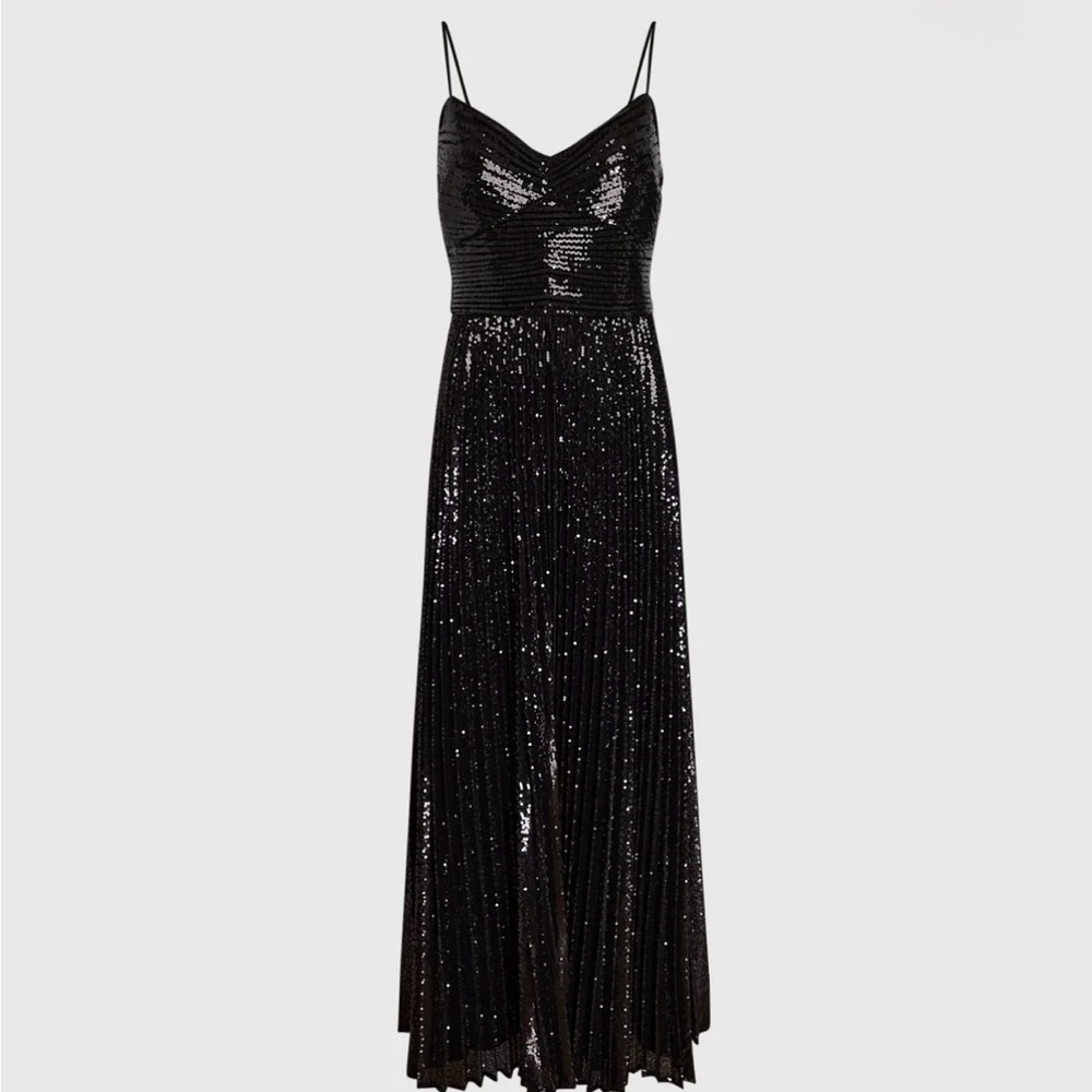 Club Monaco midi sequin dress with pleated skirt.